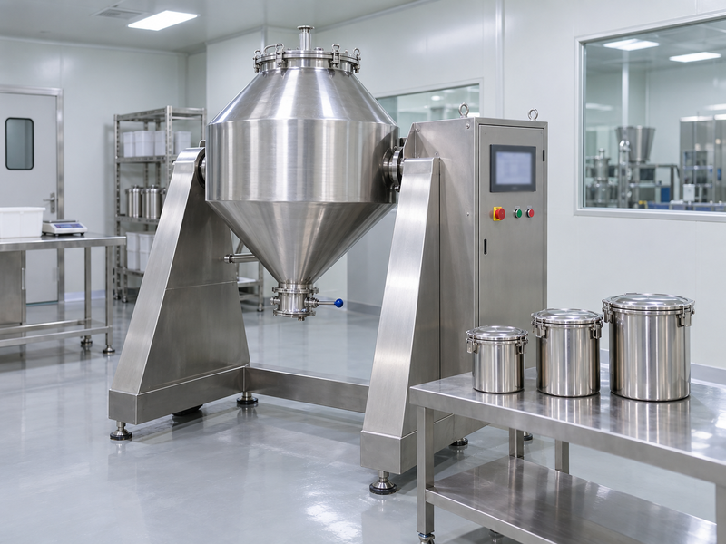 Pilot dry blender and traceable matcha premix containers in a Chinese ingredient facility