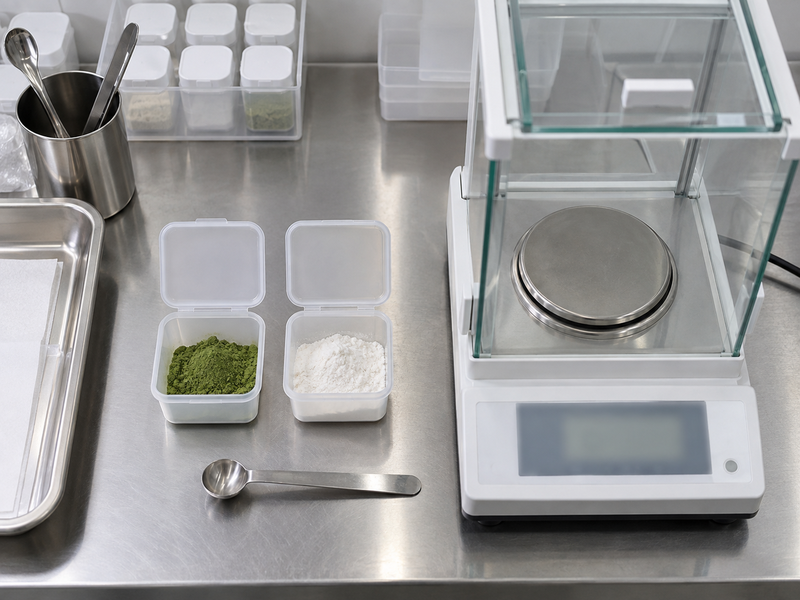 Weighed matcha and carrier powders prepared for a documented dry blend charging sequence