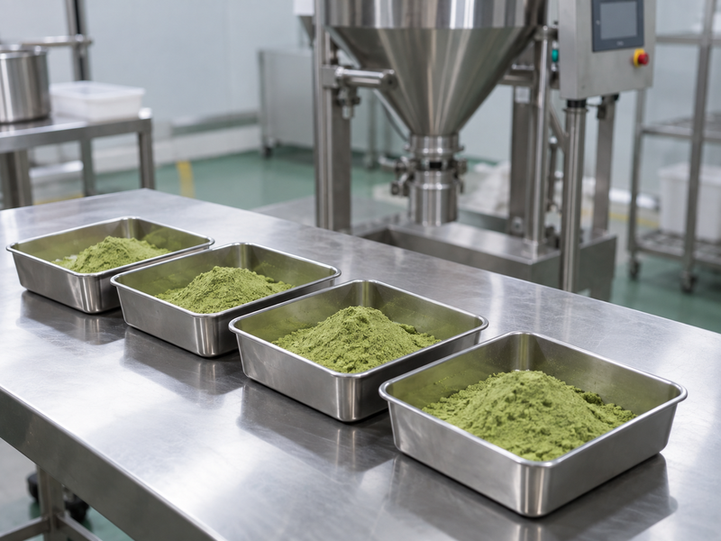 Separate dry matcha blend discharge fractions collected into identical stainless containers