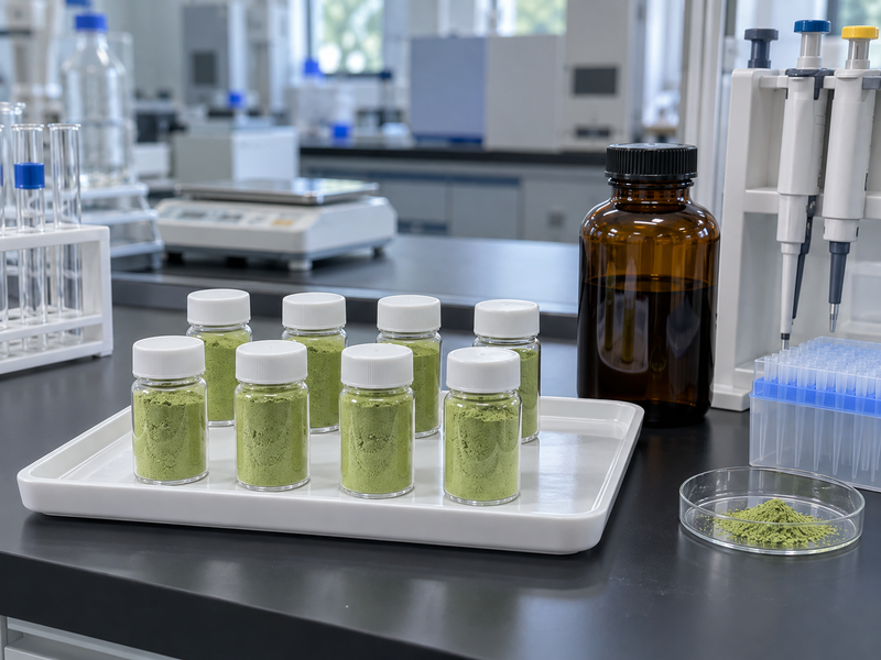 Individually identified dry blend samples and assay preparation containers on a laboratory bench