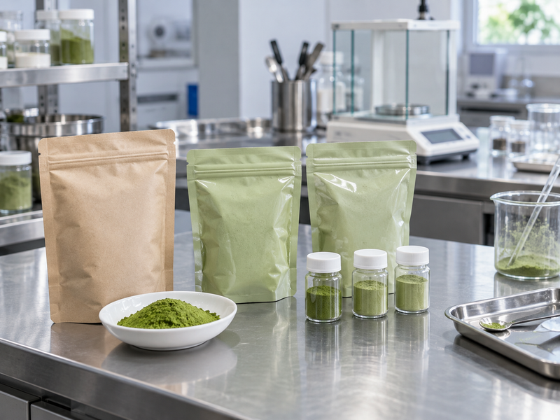 Independent matcha supplier powder samples beside finished dry blend trial portions