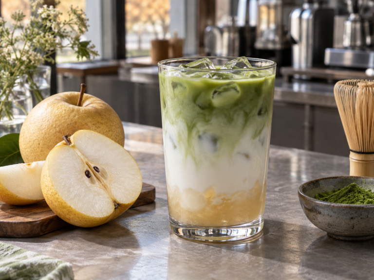 Finished pear matcha latte with ripe pear on a cafe table