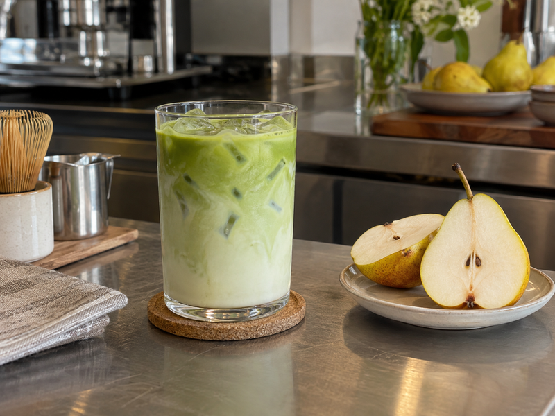 Pear matcha latte with a creamy green fruit base