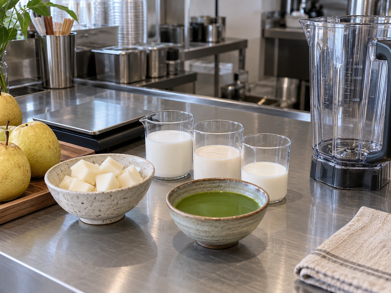Prepared pear flesh and milk portions for latte trials