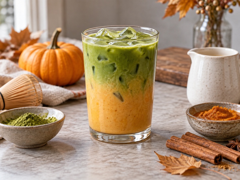 An iced pumpkin matcha latte with a subtle pumpkin-colored layer and natural green tea top