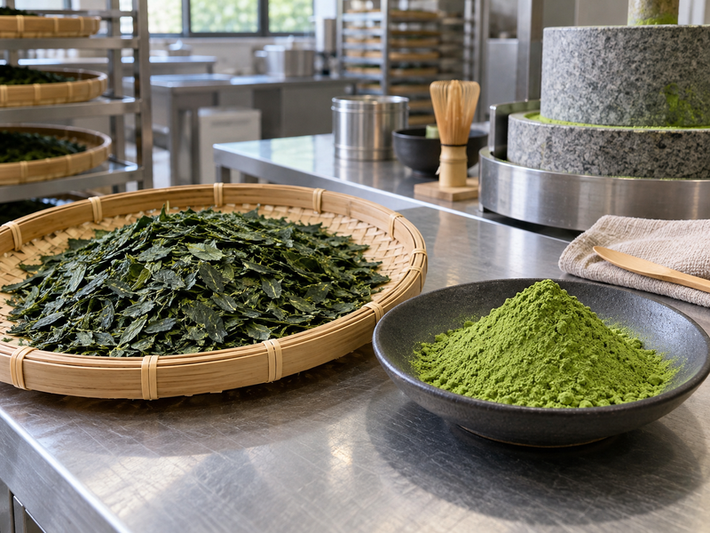 Tencha vs matcha comparison with flat leaf flakes and finely milled powder