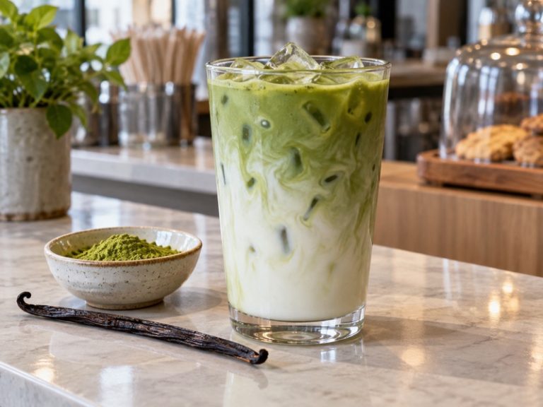 Iced vanilla matcha latte beside a vanilla pod and matcha powder