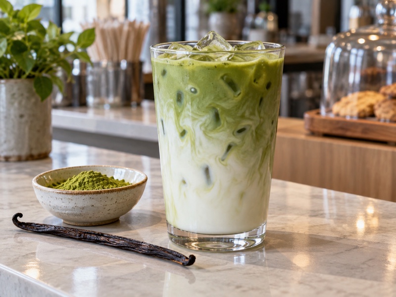 Iced vanilla matcha latte beside a vanilla pod and matcha powder