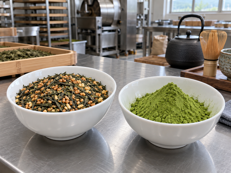 Genmaicha vs matcha comparison with roasted rice tea and pure green powder