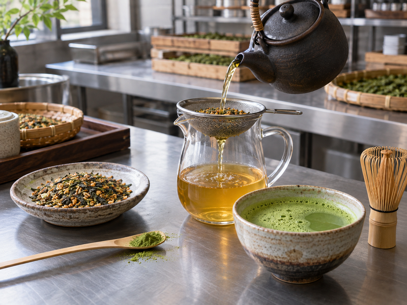Genmaicha infusion being strained beside a bowl of whisked matcha