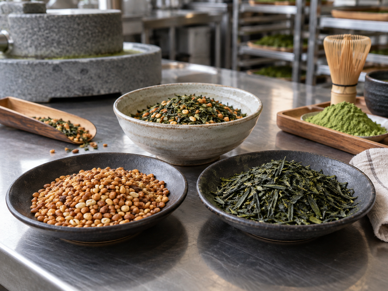 Roasted rice grains and tea leaves separated into inspection dishes