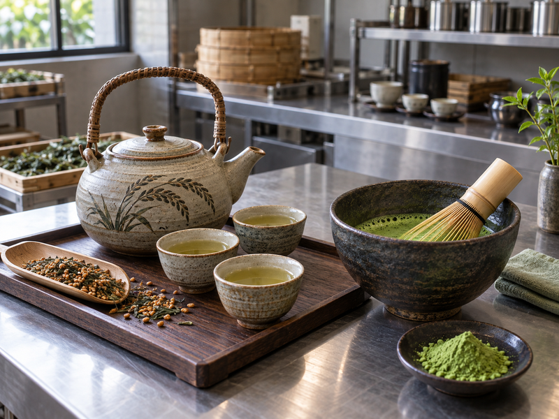 Genmaicha teapot and matcha bowl arranged for cafe service comparison