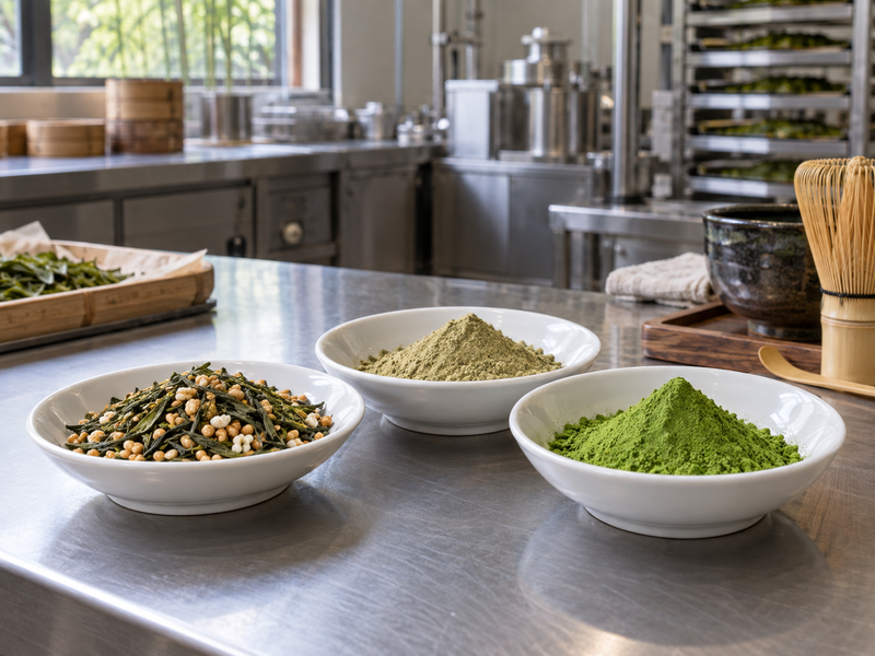 Loose genmaicha blend, genmaicha powder and pure matcha in separate dishes