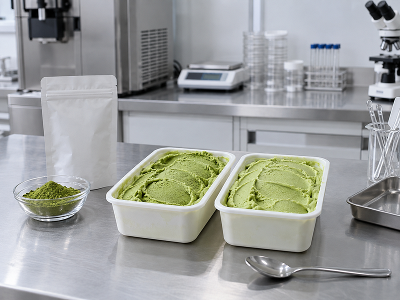 Unbranded matcha ice cream tubs and traceable powder samples in a Chinese frozen dessert laboratory