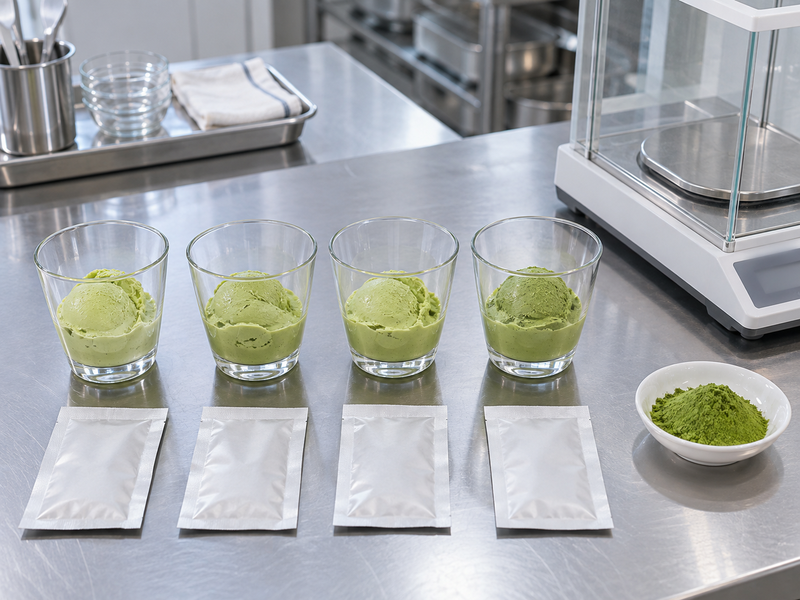 Several coded matcha ice cream mix portions prepared at controlled powder doses