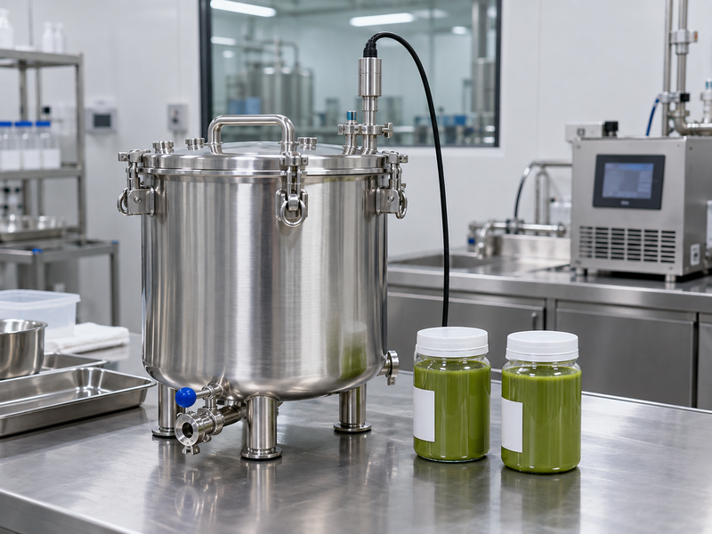Covered matcha ice cream mix vessel with temperature probe in a Chinese pilot processing room