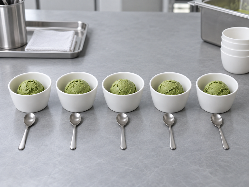 Coded matcha ice cream portions served in identical cups for a cold sensory comparison