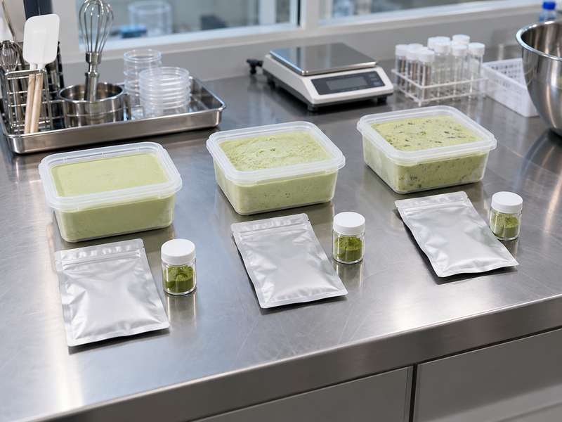 Independent matcha supplier lot samples beside retained frozen dessert trial tubs