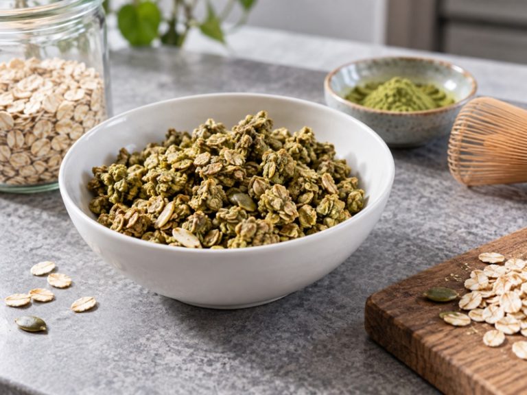 Naturally green matcha granola clusters in a white bowl beside plain oats