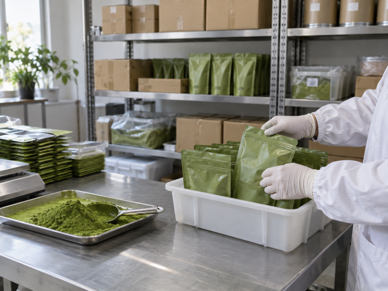 Worker counting sealed matcha packs for replenishment