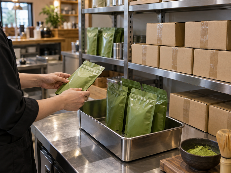 Matcha stock packs arranged beside a small replenishment tray