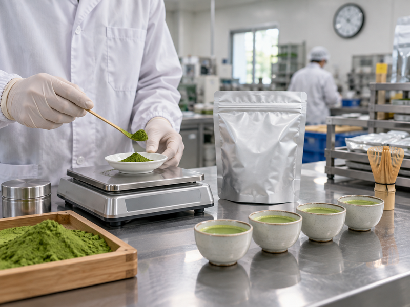 Measured matcha portions beside ingredient stock pouches