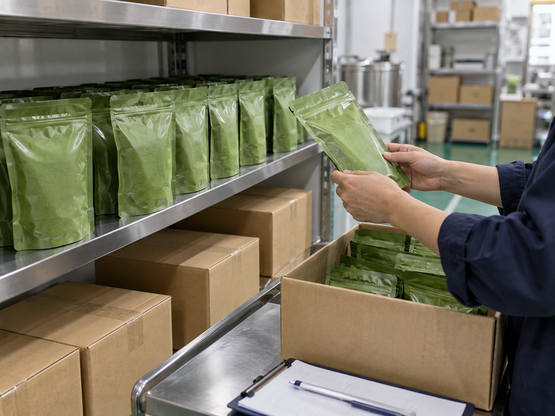 Separate matcha reserve packs and working stock on warehouse shelf