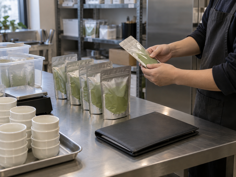 Staff checking matcha stock after a menu or supply change