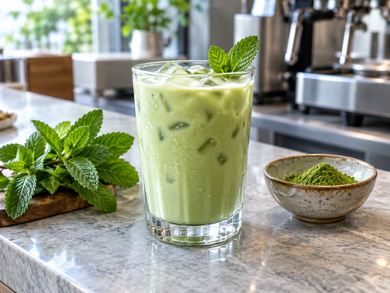 Finished mint matcha latte in a cafe setting