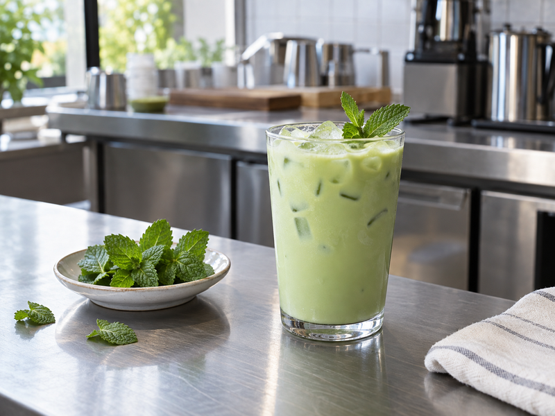 Mint matcha iced latte with a small fresh mint garnish