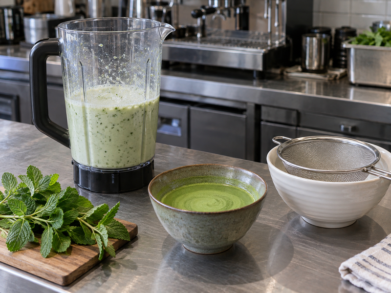 Fresh mint milk and whisked tea inspected separately