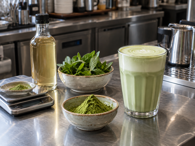 Fresh mint and unbranded flavoring ingredients at a cafe station