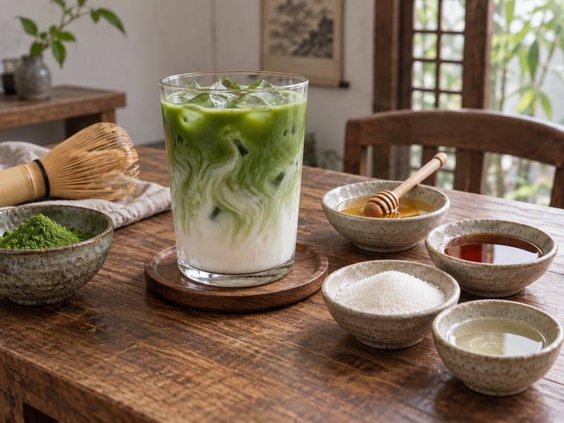 Iced matcha latte with honey, maple syrup, sugar, and simple syrup for tasting