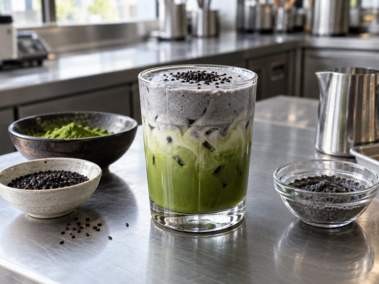 Black sesame matcha latte with nutty foam in a beverage test kitchen