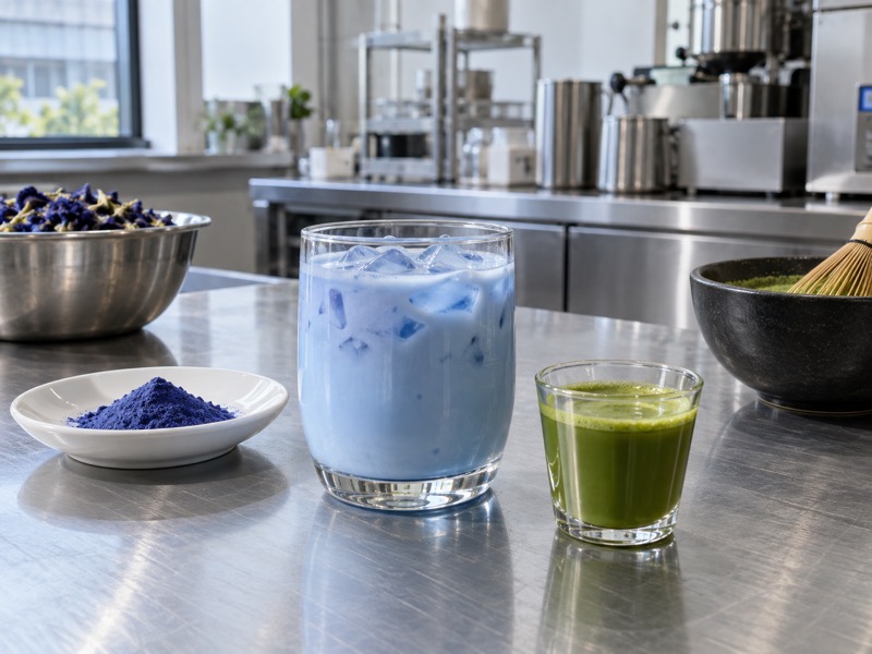 Blue matcha latte made with butterfly pea powder beside a labeled botanical ingredient