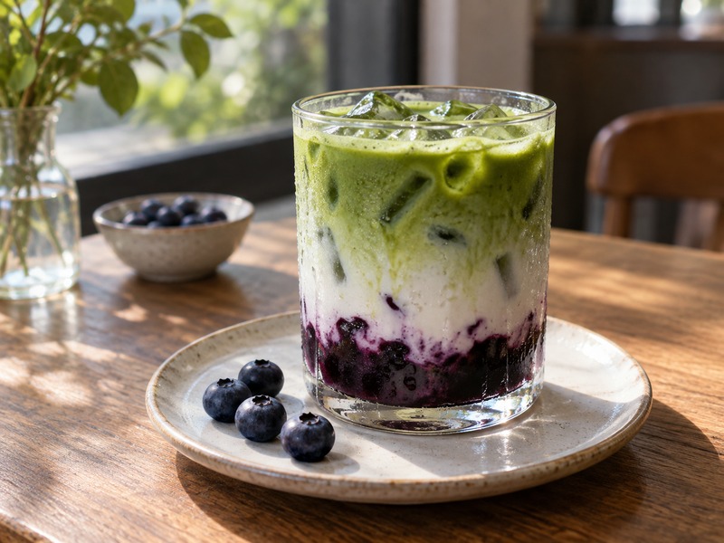 Blueberry matcha latte with distinct purple fruit and green tea layers