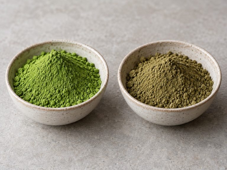 Green and brownish matcha powder samples on a neutral quality-control table