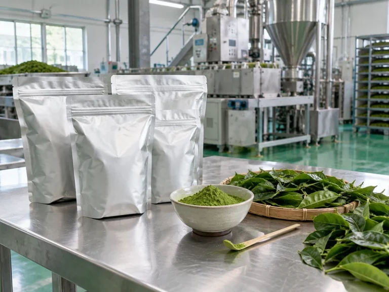 Bulk matcha pouches, powder, and tea leaves in a modern Chinese processing facility