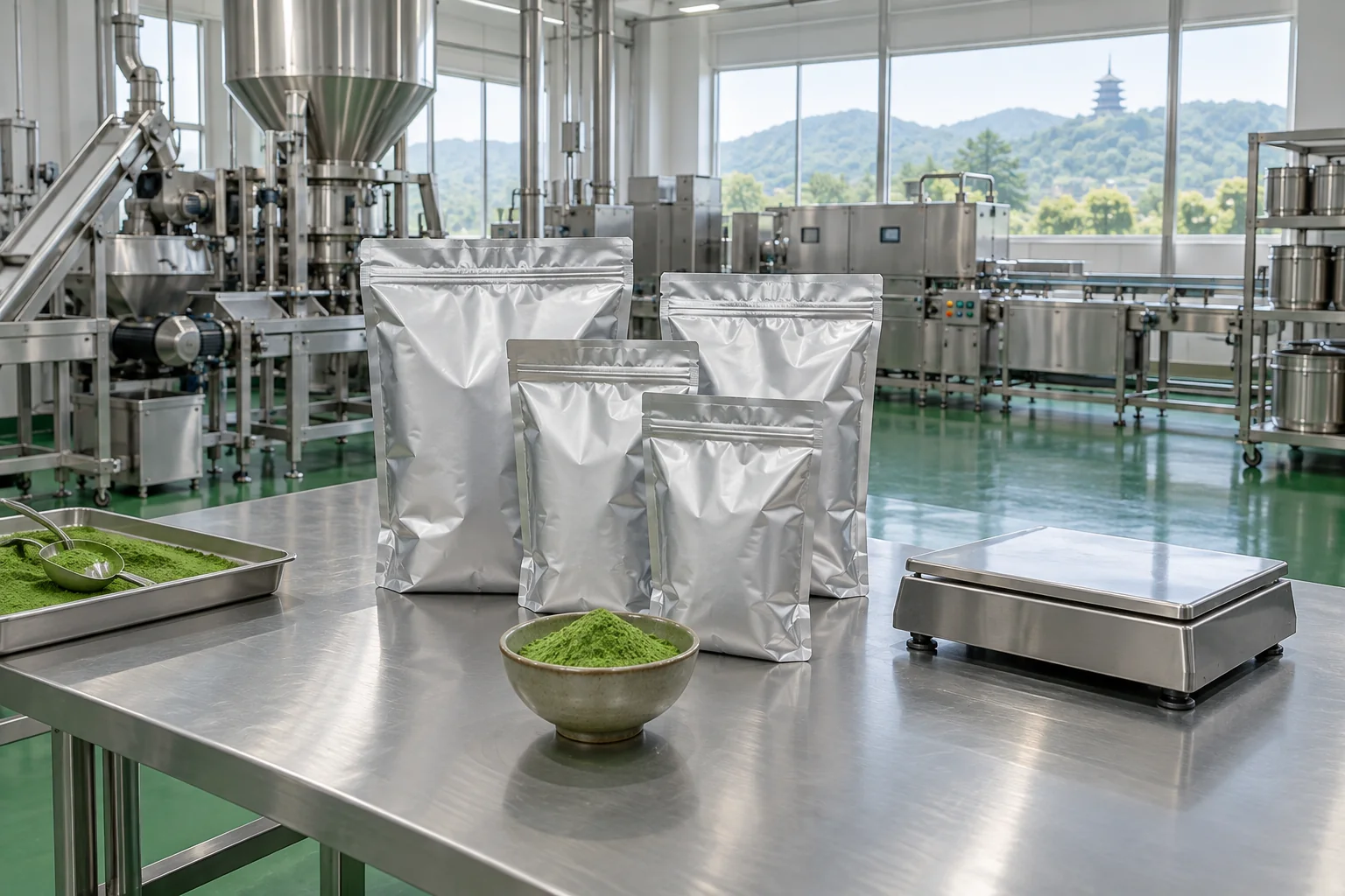 Bulk matcha pouches in a clean Chinese tea processing facility