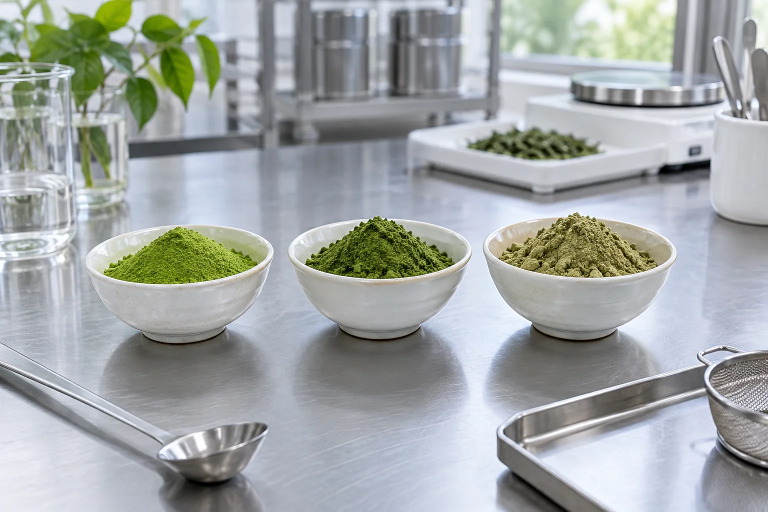 Three matcha grades compared on a quality testing bench
