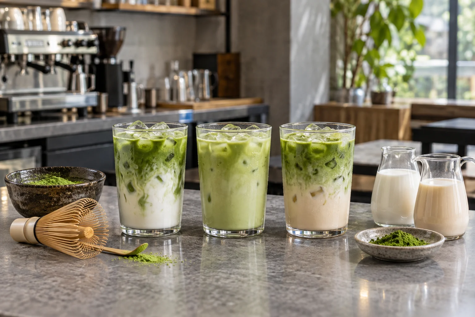 Three iced matcha drinks tested in a café