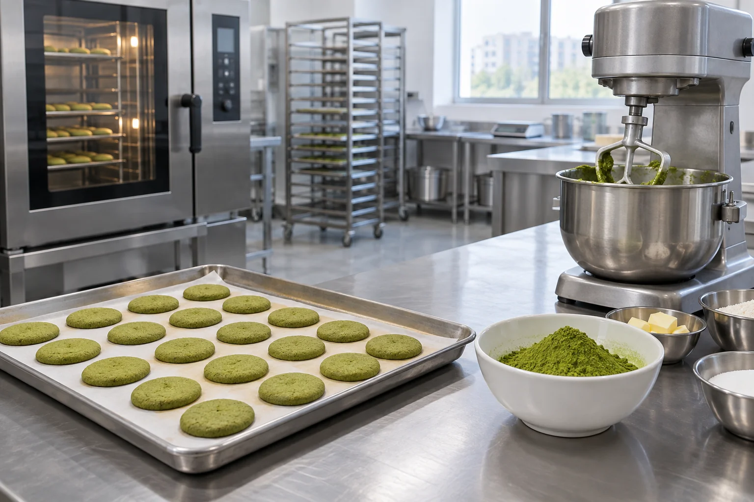 Matcha biscuits and powder in a pilot production kitchen