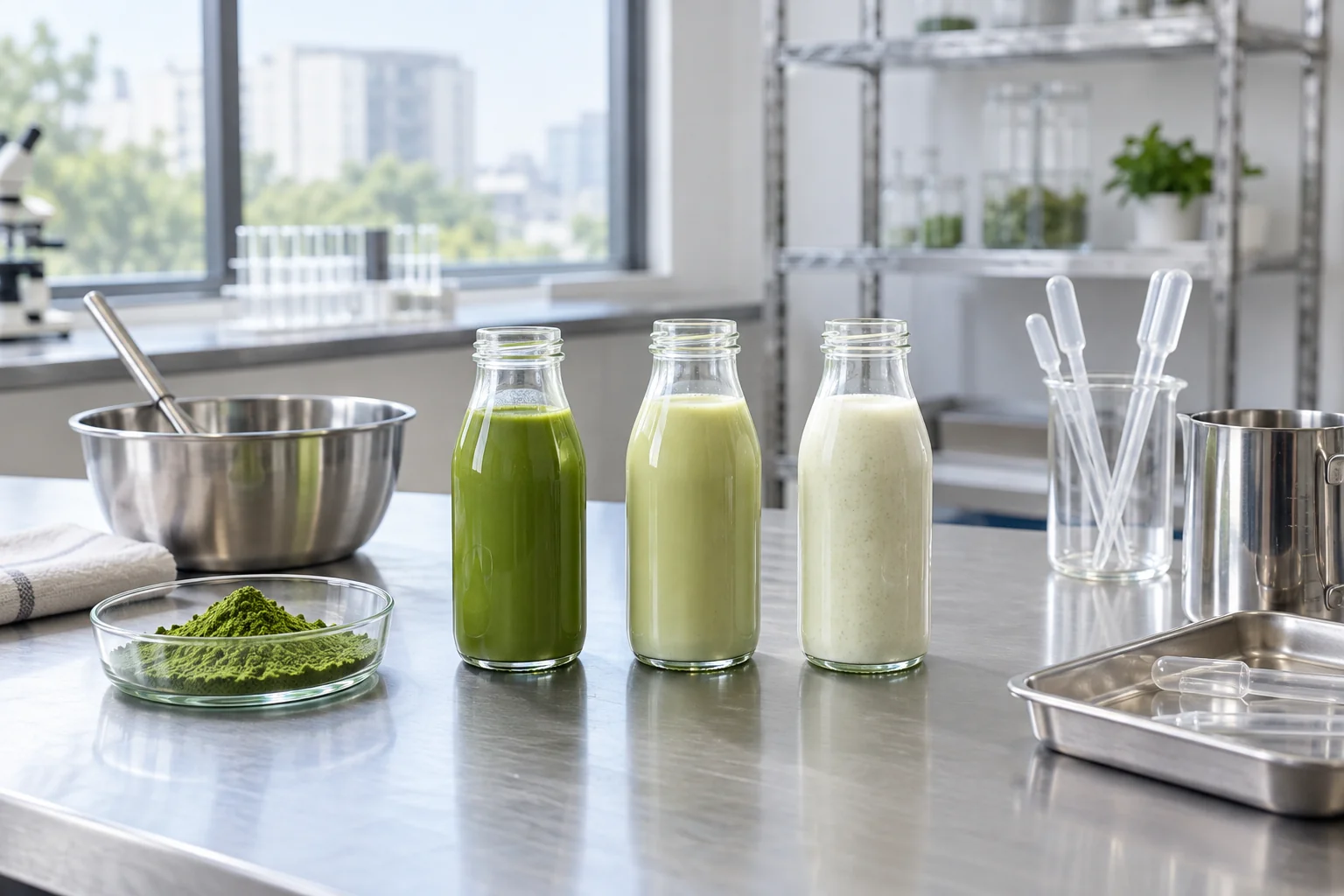 Matcha beverage formulas in a product development lab