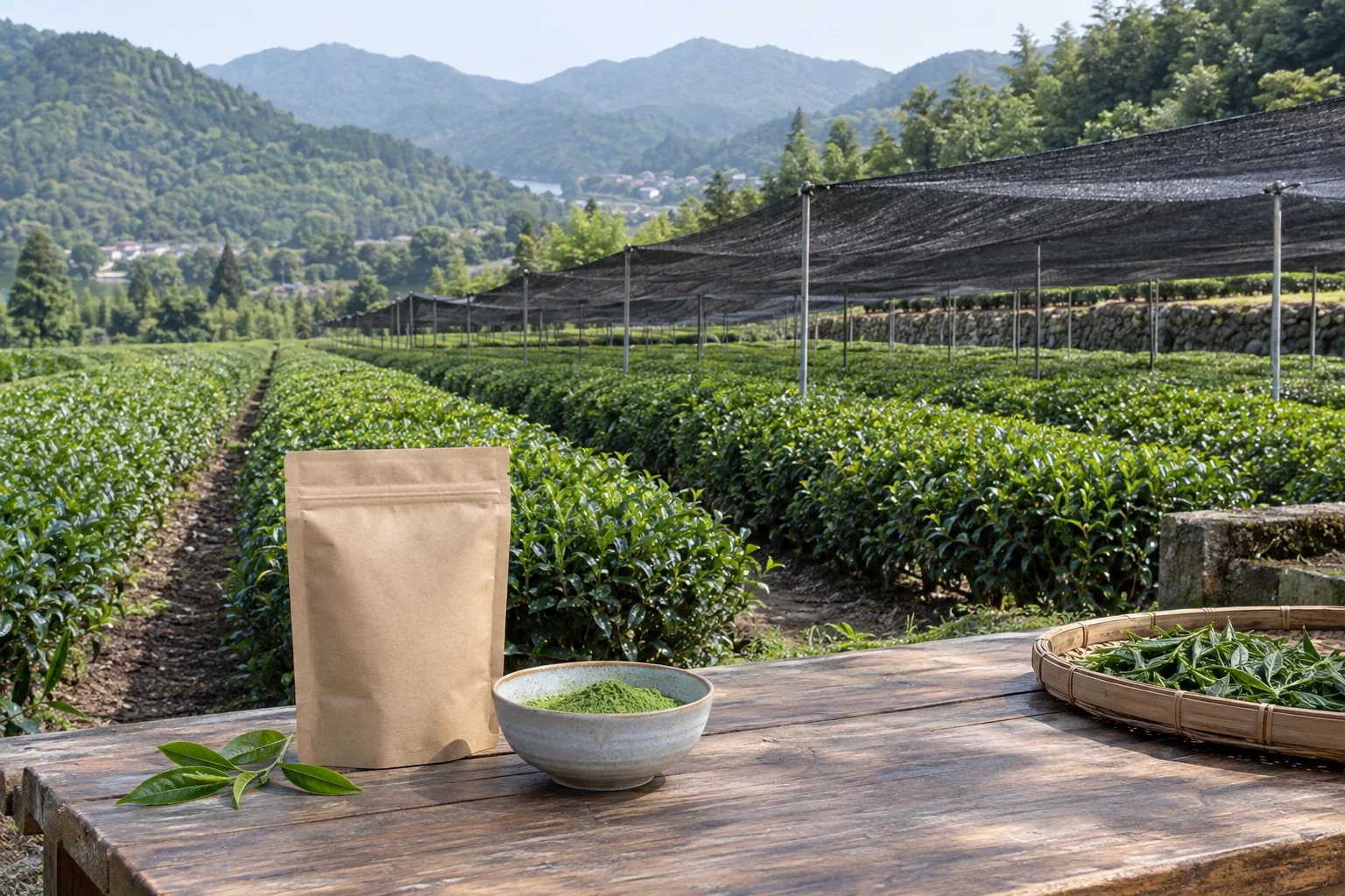 Shaded tea garden with matcha sample pouch