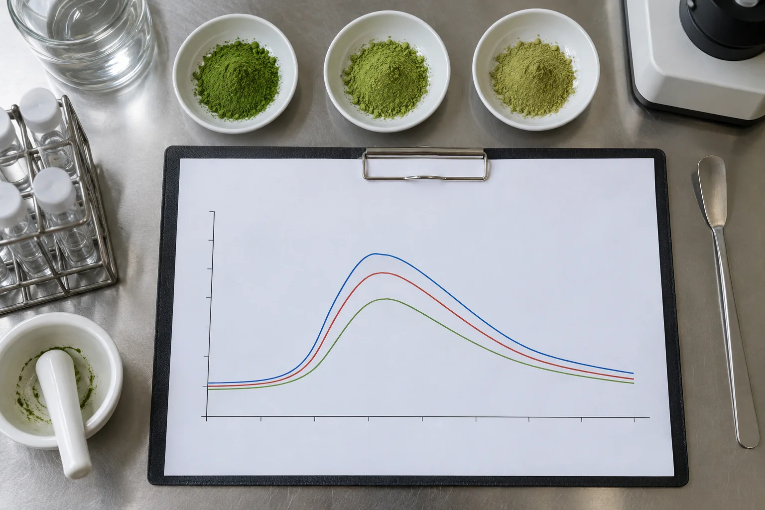 Illustrative matcha batch samples beside an unlabeled comparison chart