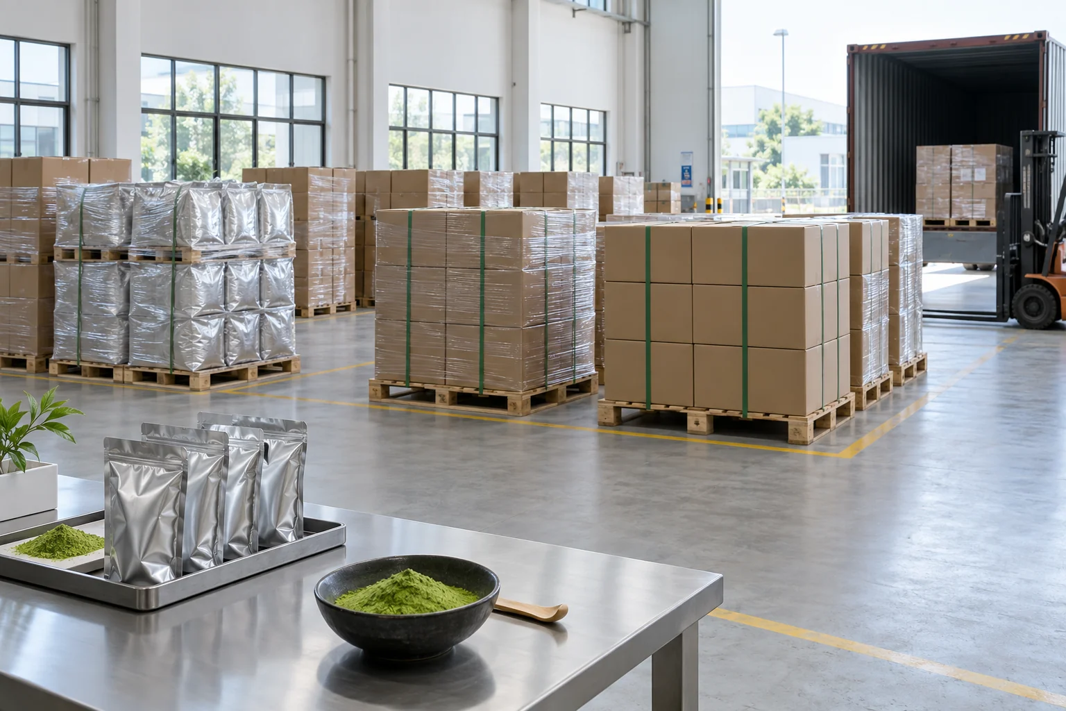 Bulk matcha pouches and export pallets in a warehouse