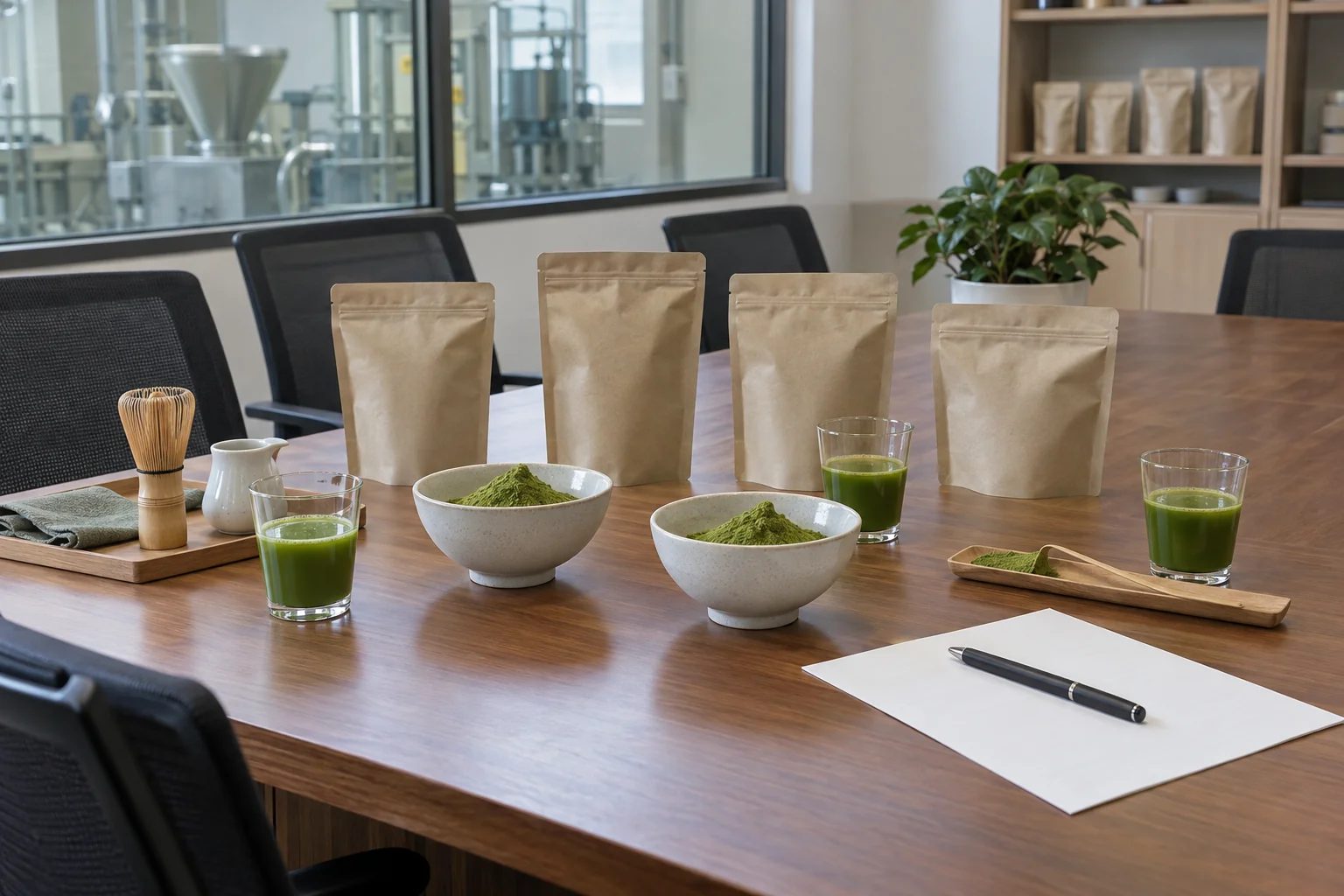 Matcha samples prepared for a commercial buying review