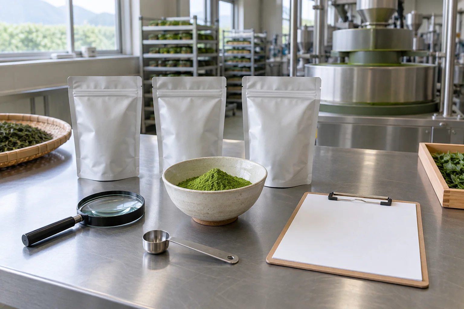 Matcha quality review samples in a processing facility