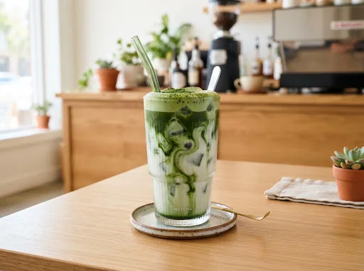 Milk-based iced matcha latte drink
