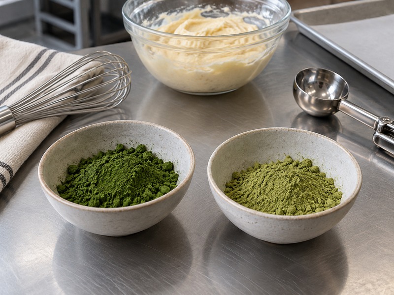Two matcha powder samples beside a bakery batter bowl